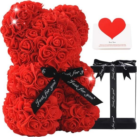 Valentines Day for Her - Rose Flower Bear w/Clear Clear Box 10 Inch (Red) - Picture 1 of 7
